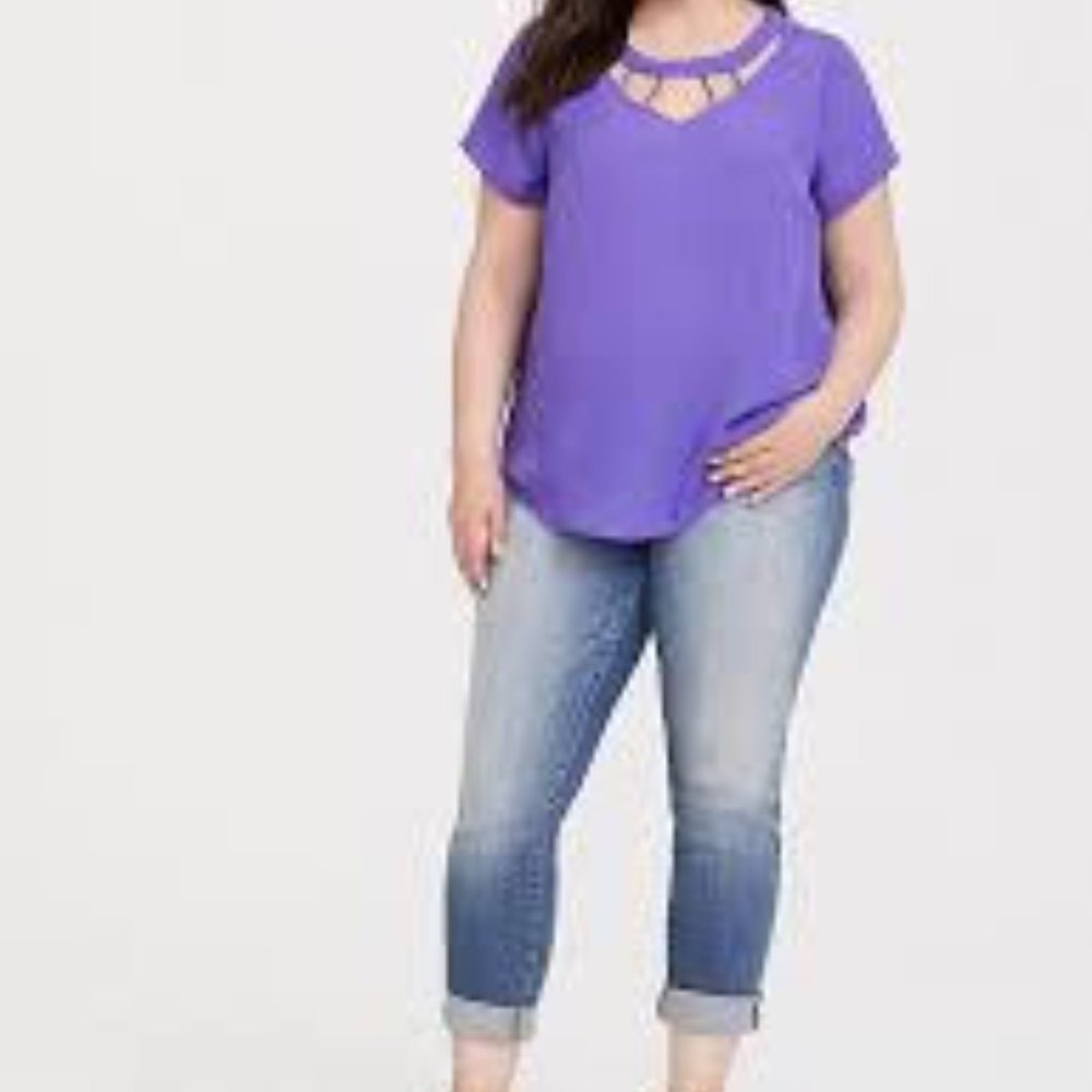 TORRID BLUE IRIS CAGE GEORGETTE BLOUSE
